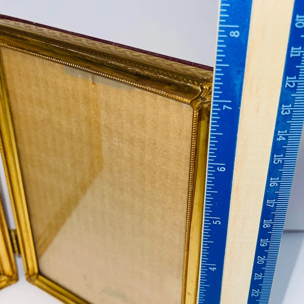 Vintage Double Folding Picture Frame Gold Tone Metal Etched 5x7 Burgundy Velvet